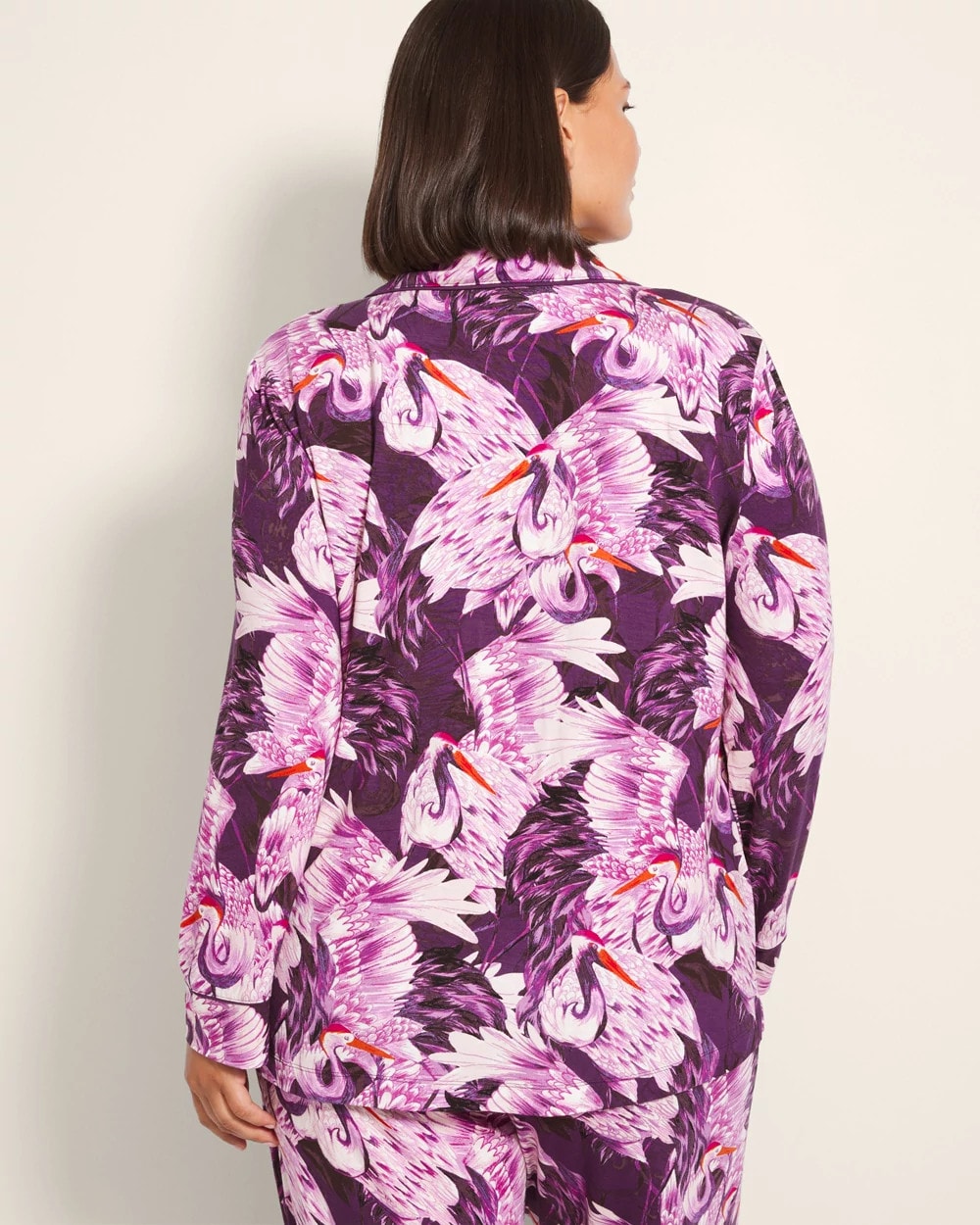 Long-Sleeve Printed Notch Collar Pajama Top - COURTING CRANES BLKBRY | Soma Women