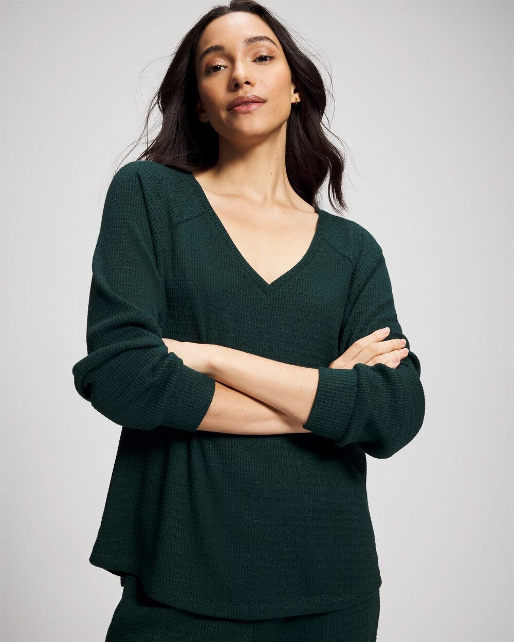 Cozy Waffle Long Sleeve V-Neck Pajama Top - GREEN JOLIE | Soma Women