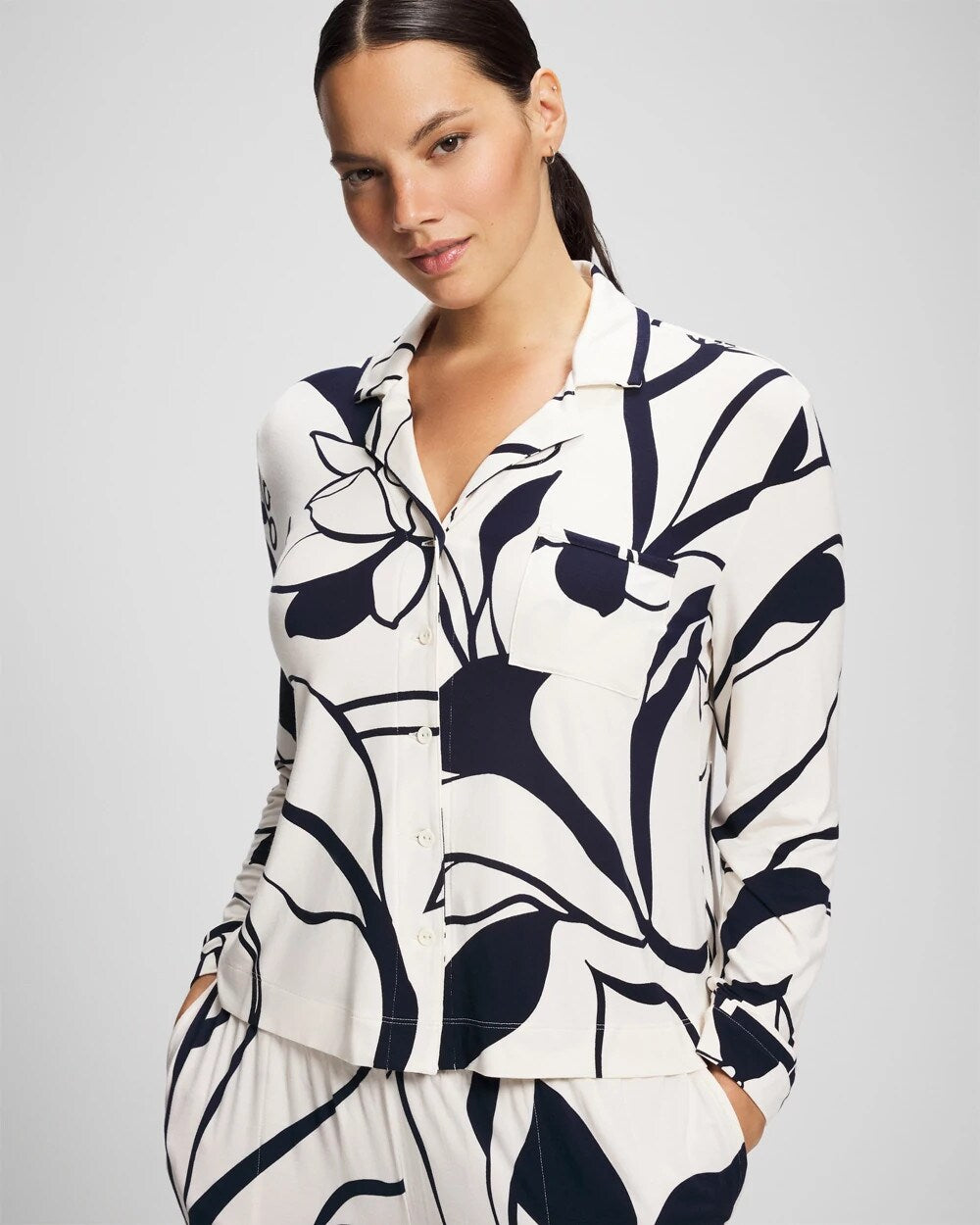 Long-Sleeve Notch Collar Pajama Top - NOUVEAU FLORA CHAMP | Soma Women