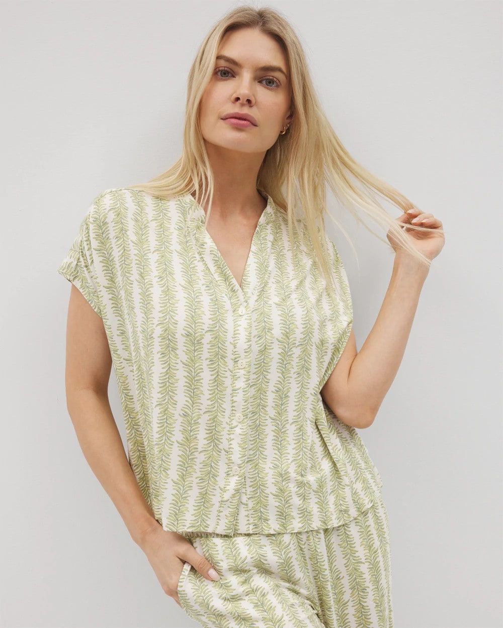 Mandarin Collar Short Sleeve Pajama Top - CHILL STRIPE CHAMPAGNE | Soma Women