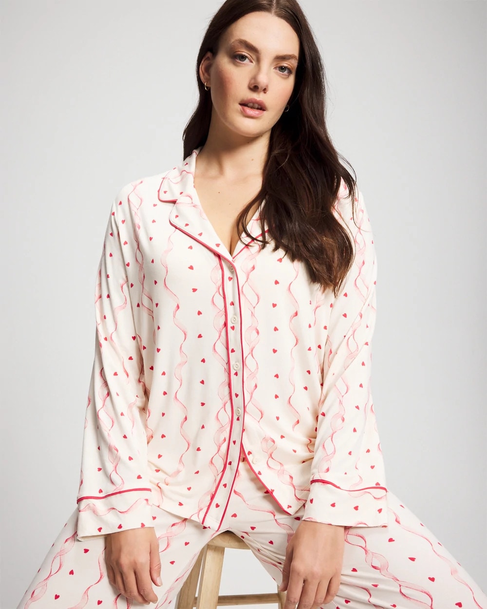 Cool Nights Long Sleeve Notch Collar with Piped Placket Pajama Top - COQUETTE VALENTINE CHAMP | Soma Women