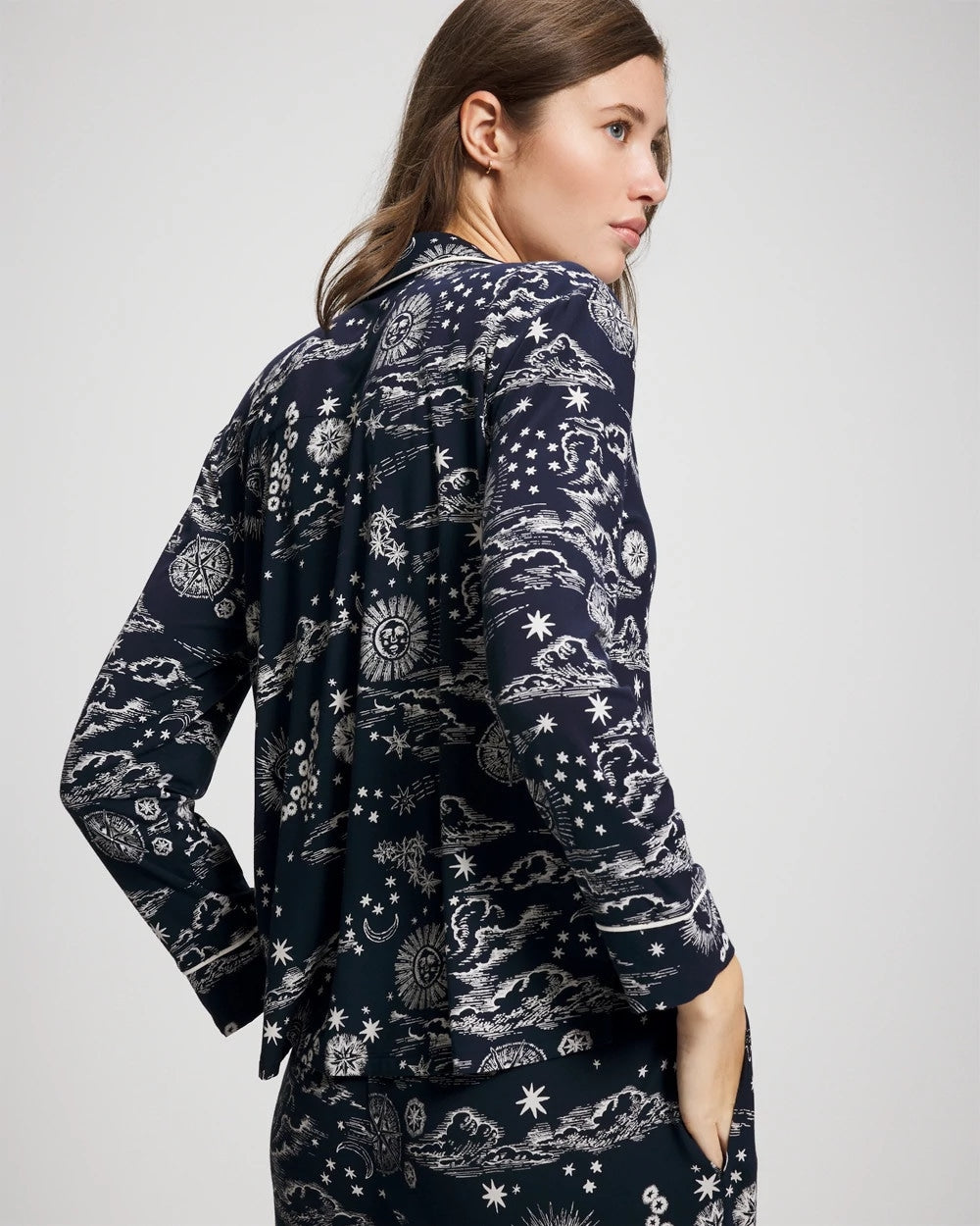 Cool Nights Long Sleeve Notch Collar with Piped Placket Pajama Top - COSMIC BALLET NAVY | Soma Women
