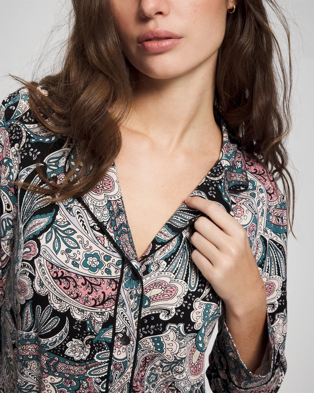 Cool Nights Long Sleeve Notch Collar with Piped Placket Pajama Top - REGAL PAISLEY BLACK | Soma Women
