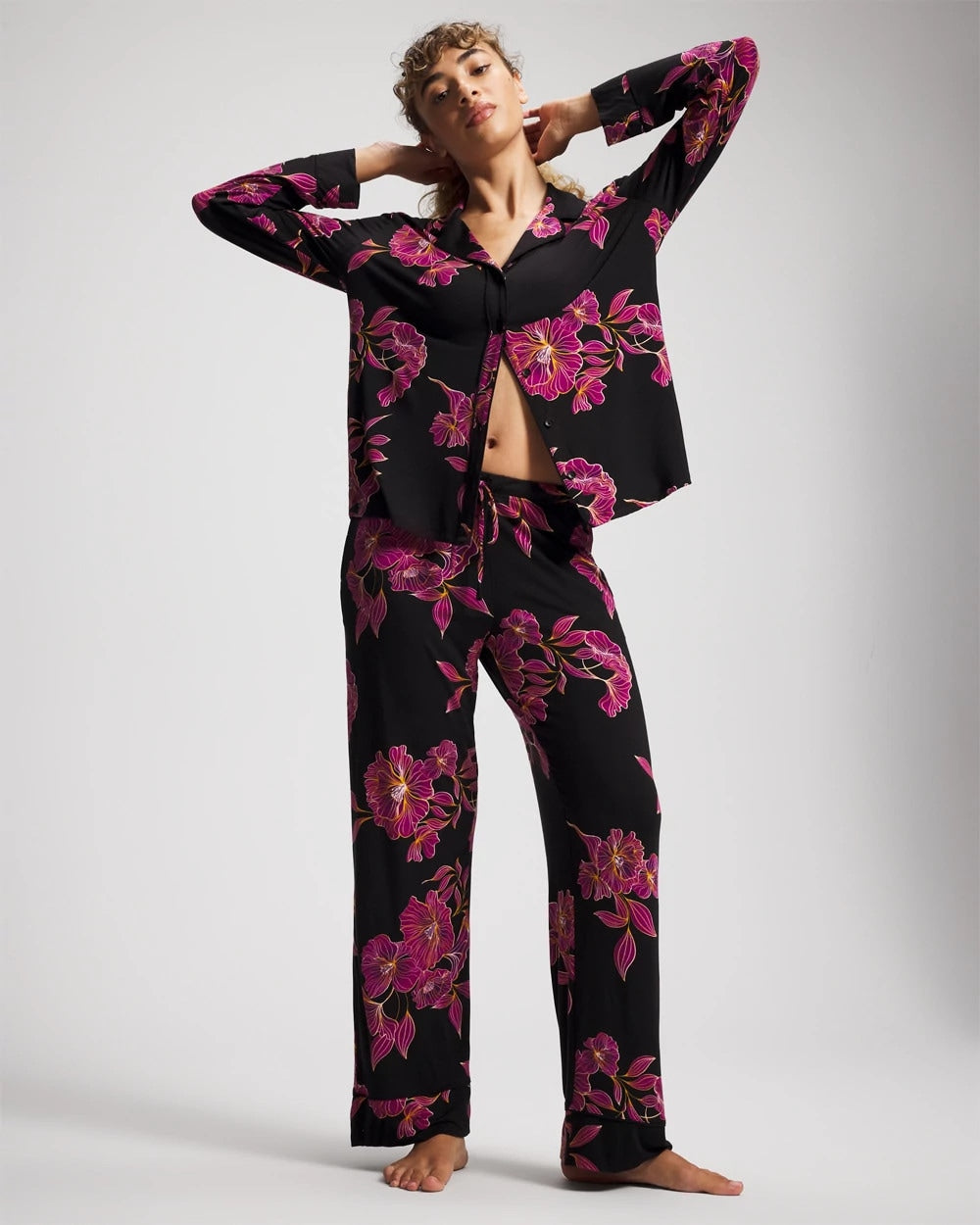 Cool Nights Long Sleeve Notch Collar with Piped Placket Pajama Top - GILDED BLOOMS MAGENTA | Soma Women