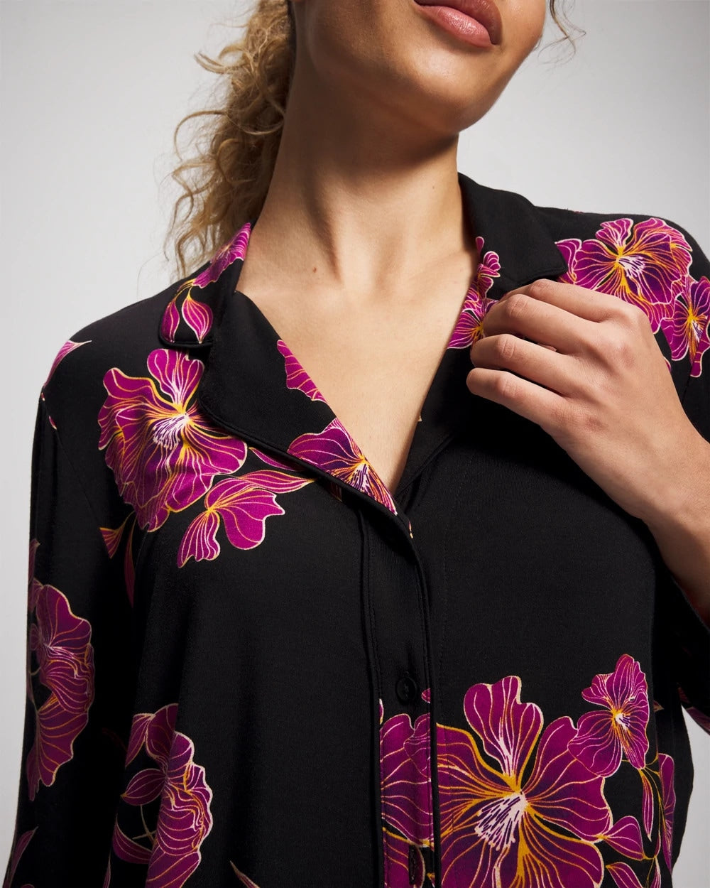 Cool Nights Long Sleeve Notch Collar with Piped Placket Pajama Top - GILDED BLOOMS MAGENTA | Soma Women