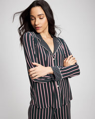 Cool Nights Long Sleeve Notch Collar with Piped Placket Pajama Top - MIDNIGHT STRIPE GREEN JOL | Soma Women