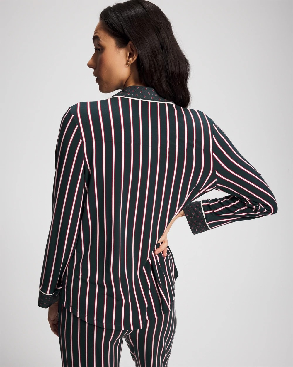 Cool Nights Long Sleeve Notch Collar with Piped Placket Pajama Top - MIDNIGHT STRIPE GREEN JOL | Soma Women