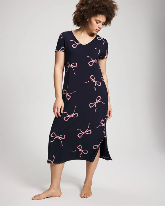 Short Sleeve Long Sleepshirt - BELOVED BOWS GRAND NAVY | Soma Women