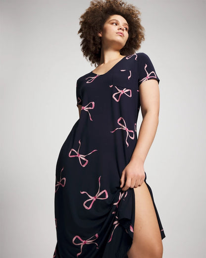 Short Sleeve Long Sleepshirt - BELOVED BOWS GRAND NAVY | Soma Women