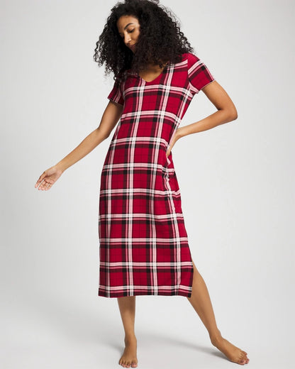 Short Sleeve Long Sleepshirt - PERFECT PLAID RED | Soma Women