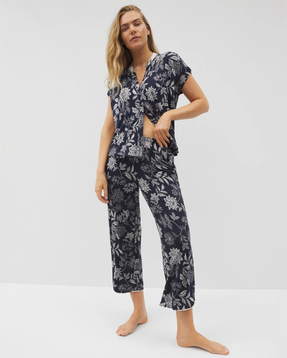 Piped Crop Pajama Pants - MEANDERING GARDEN NAVY | Soma Women