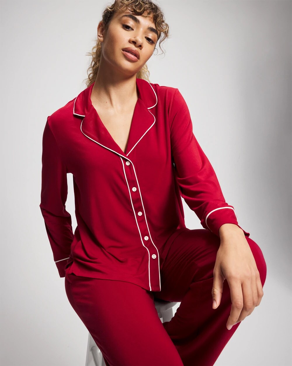 Long Sleeve Notch Collar w/ Piped Placket Pajama Top - PAINT THE TOWN RED | Soma Women