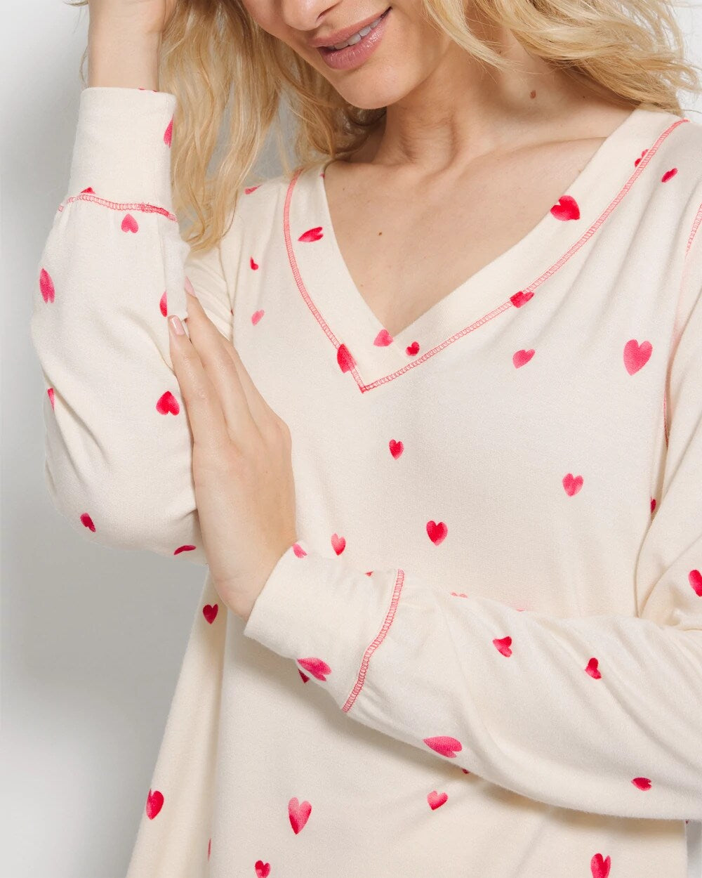 Long-Sleeve V-Neck Pajama Top - FLOATING HEARTS CHAMPAGNE | Soma Women