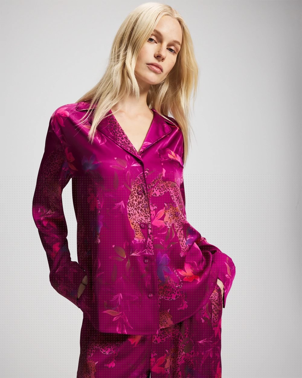 Long Sleeve Notch Collar Pajama Top - WILD WONDERS MAGENTA | Soma Women