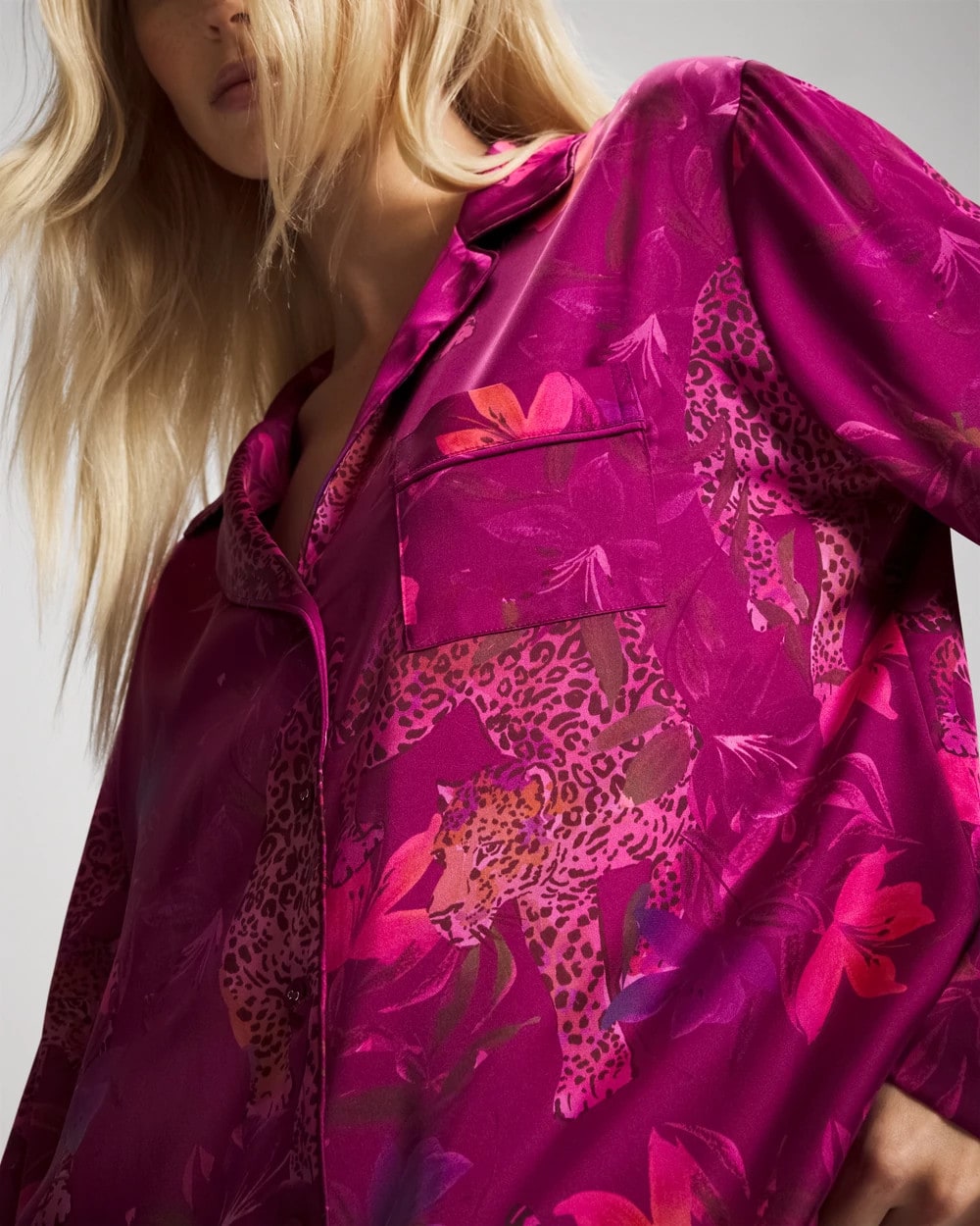 Long Sleeve Notch Collar Pajama Top - WILD WONDERS MAGENTA | Soma Women