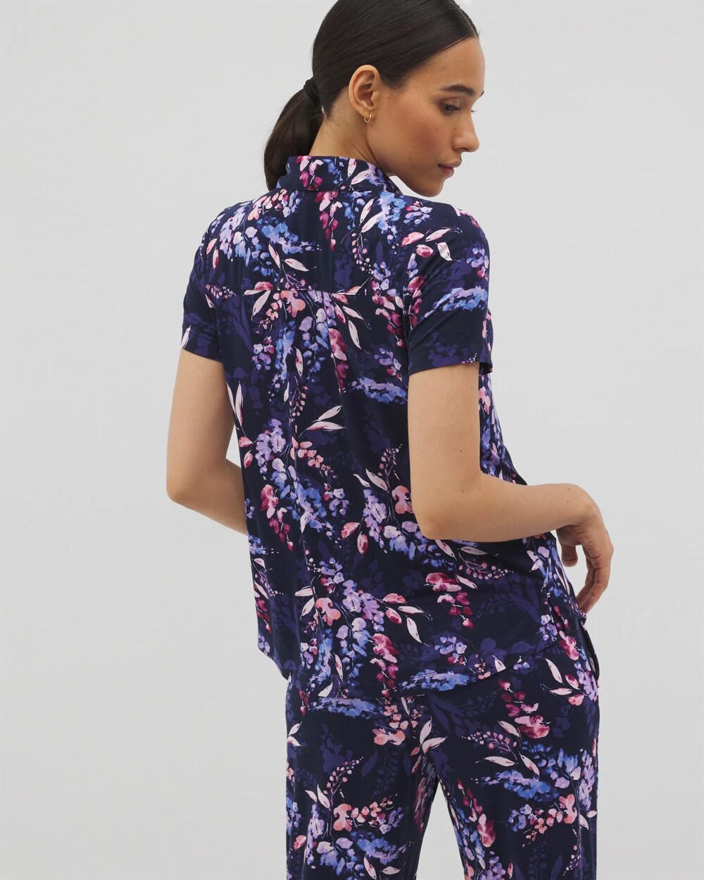 Short Sleeve Notch Collar Pajama Top - BLOOM BRIGHTLY NAVY | Soma Women