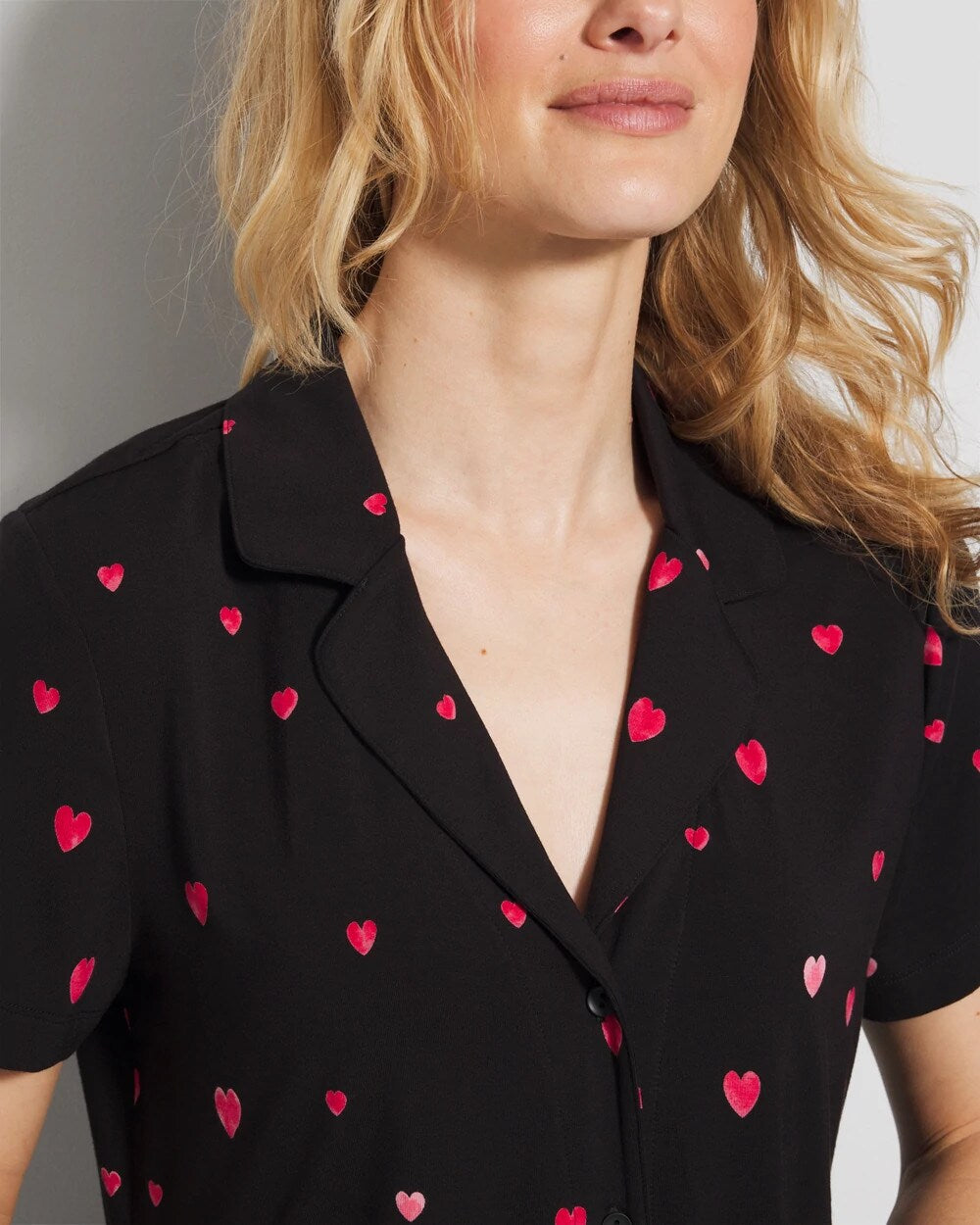 Short Sleeve Notch Collar Pajama Top - FLOATING HEARTS BLACK RED | Soma Women