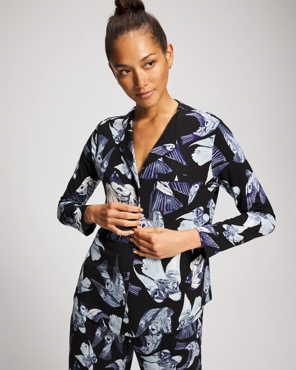 Piped Long-Sleeve Notch Pajama Top - WHIMSICAL WINGS BLK MID | Soma Women