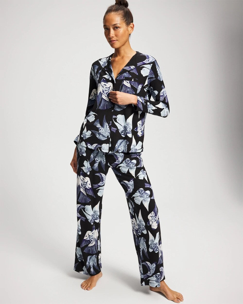 Piped Long-Sleeve Notch Pajama Top - WHIMSICAL WINGS BLK MID | Soma Women