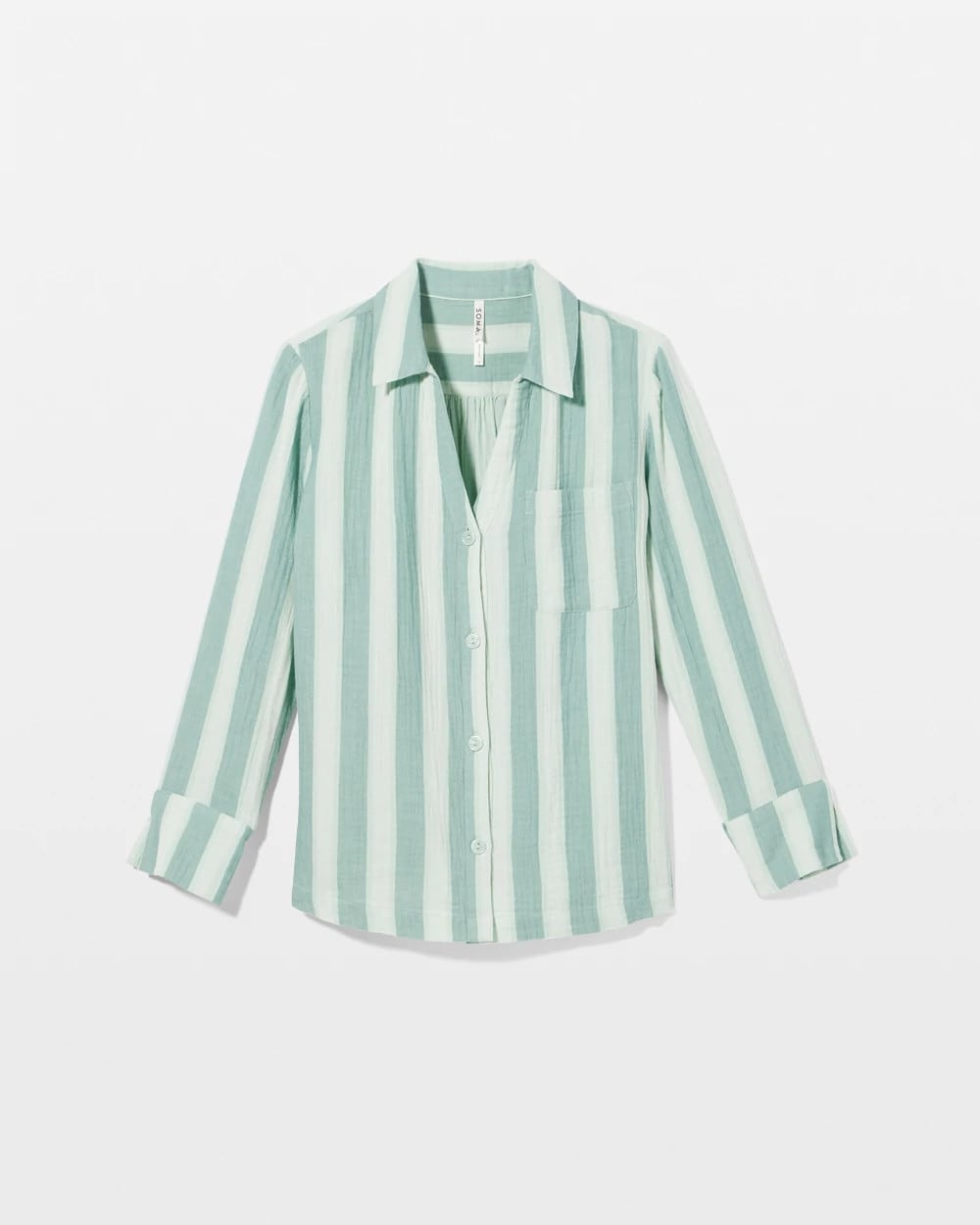 Cotton Gauze Long Sleeve Notch Collar Pajama Top - TEAL STRIPE | Soma Women