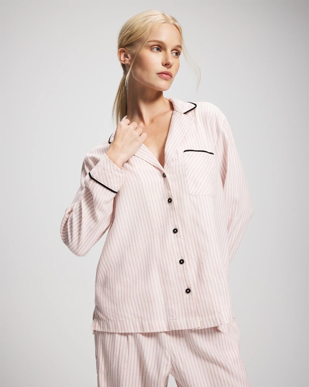 Long-Sleeve Notch Collar Pajama Top - STOCKING STRIPE VERT PINK | Soma Women