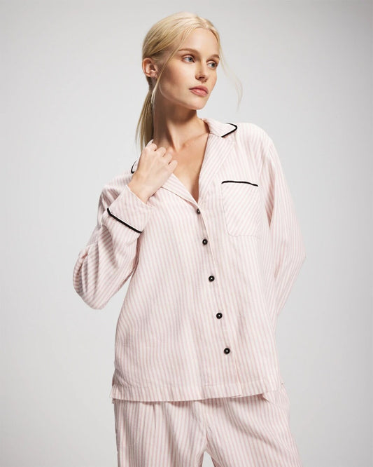 Long-Sleeve Notch Collar Pajama Top - STOCKING STRIPE VERT PINK | Soma Women