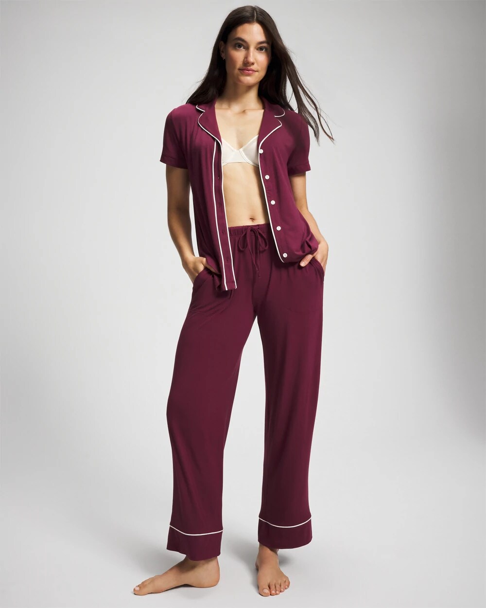 Solid Short Sleeve Notch Collar Pajama Top - VELVET PLUM | Soma Women