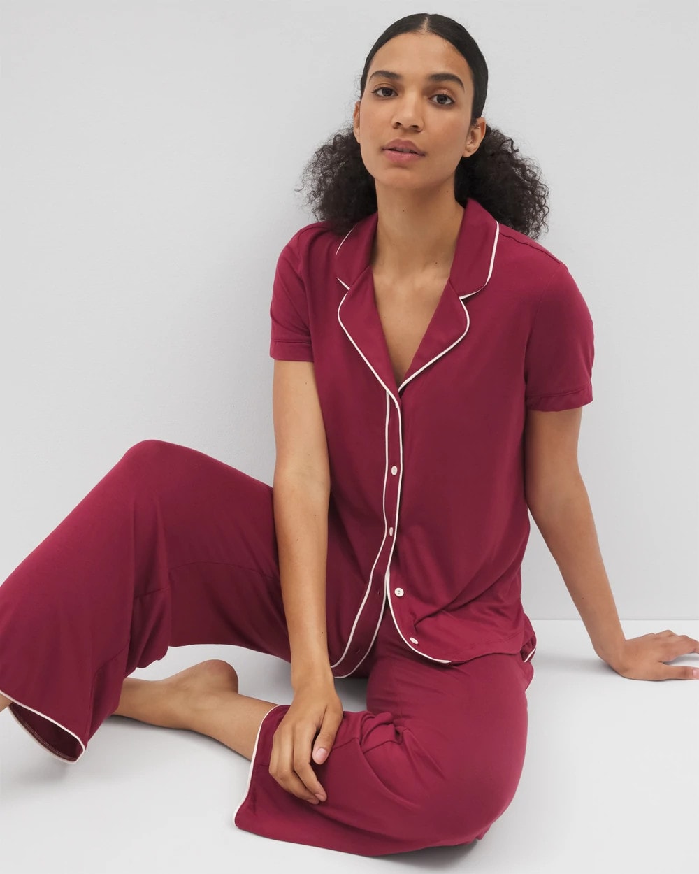Solid Short Sleeve Notch Collar Pajama Top - GARNET | Soma Women