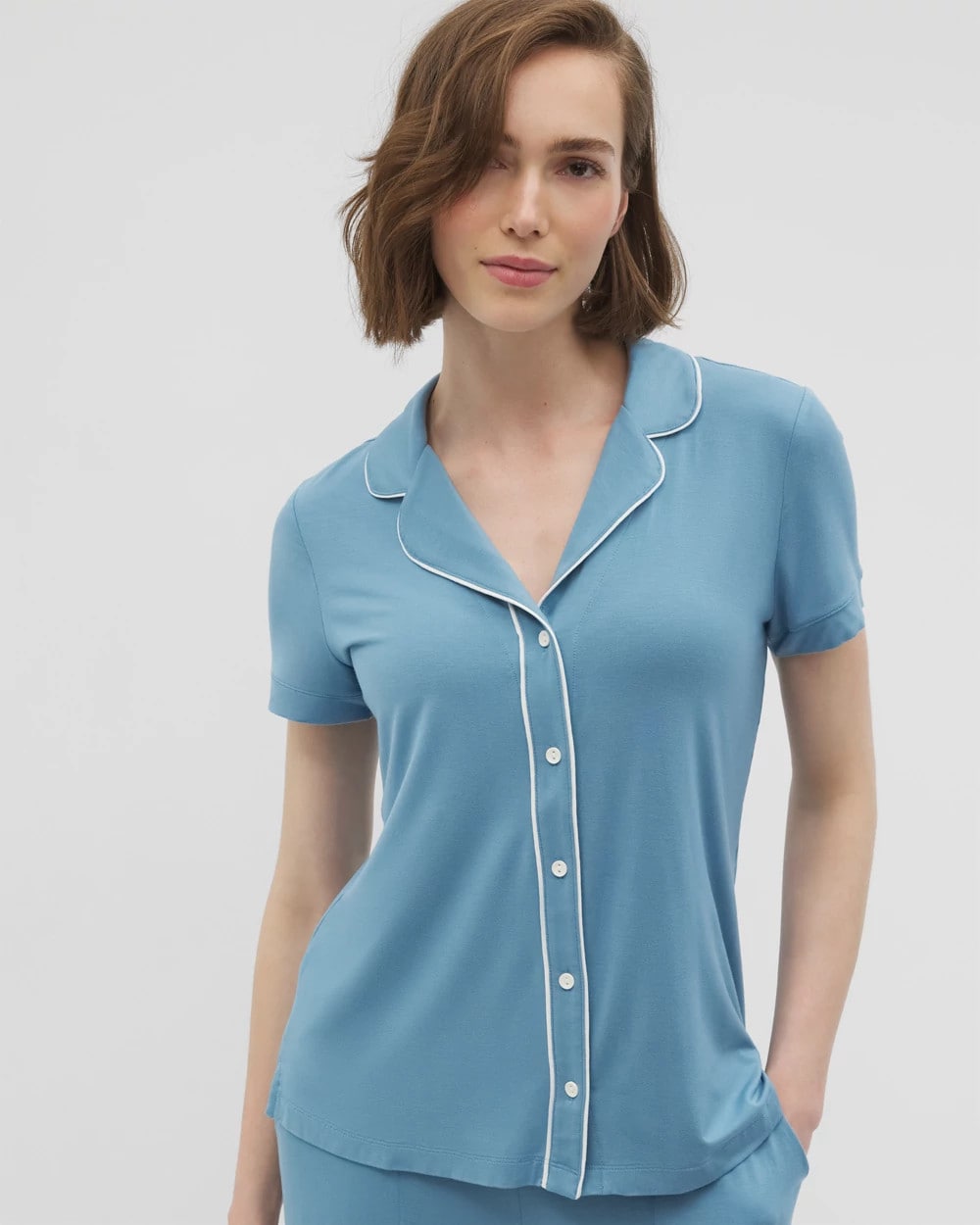 Solid Short Sleeve Notch Collar Pajama Top - BLUE HEAVEN | Soma Women
