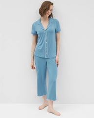 Solid Short Sleeve Notch Collar Pajama Top - BLUE HEAVEN | Soma Women
