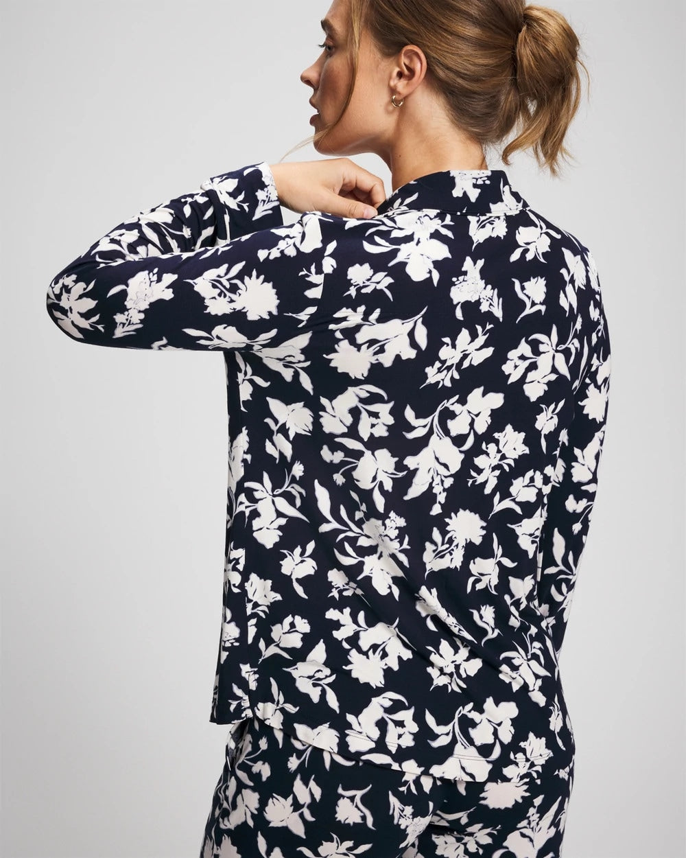 Long-Sleeve Printed Notch Collar Pajama Top - SERENITY PETALS NAVY | Soma Women