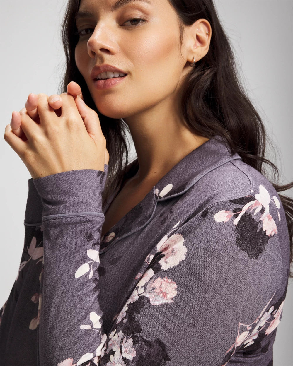 Long-Sleeve Printed Notch Collar Pajama Top - FLORAL DREAMS GRAY | Soma Women