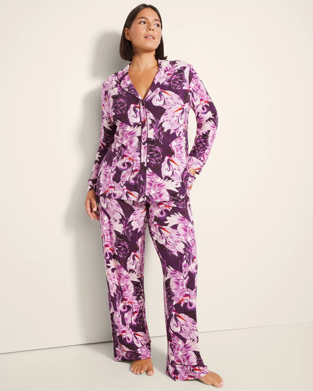 Long-Sleeve Printed Notch Collar Pajama Top - COURTING CRANES BLKBRY | Soma Women