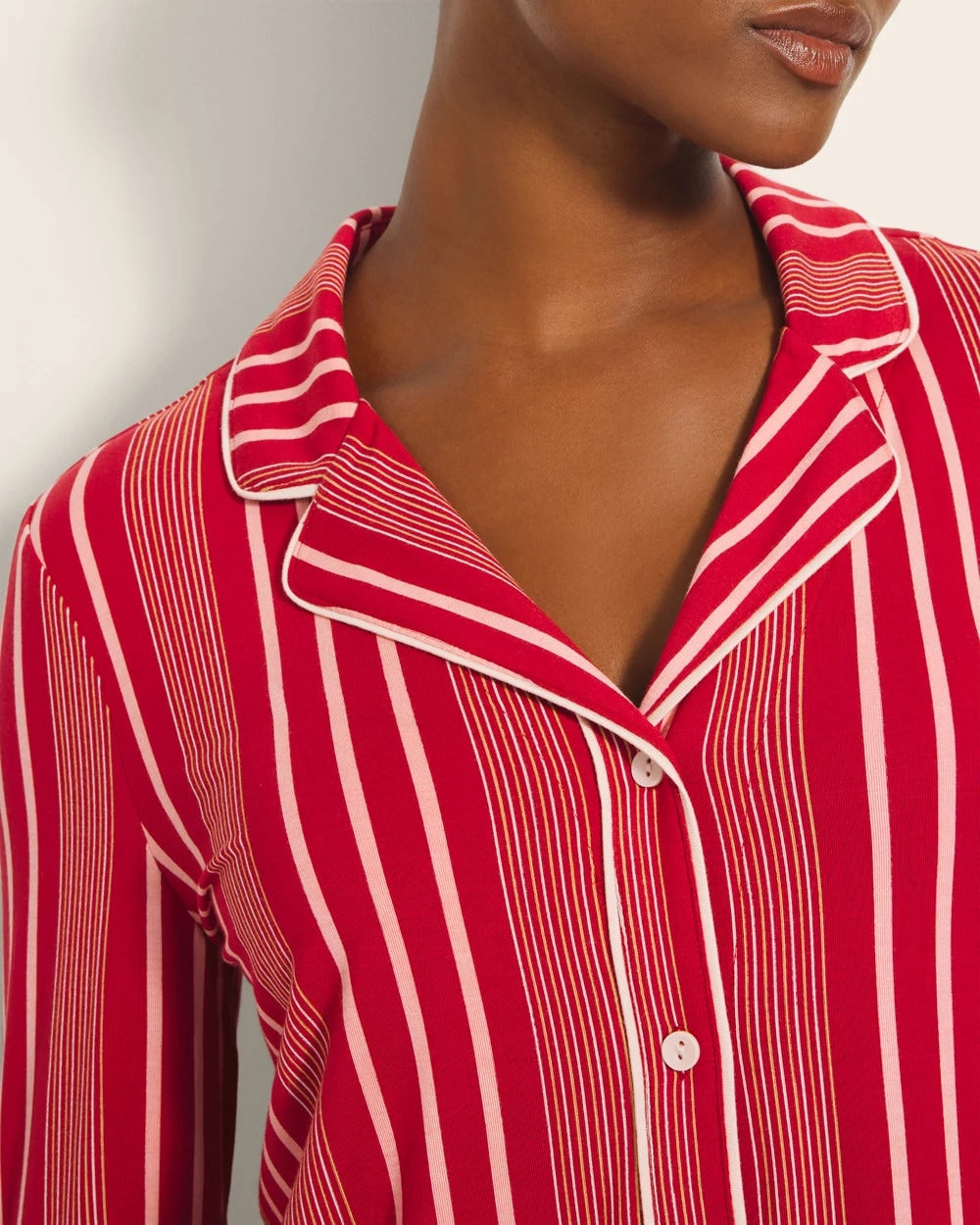 Long-Sleeve Printed Notch Collar Pajama Top - ASPEN STRIPE RED | Soma Women