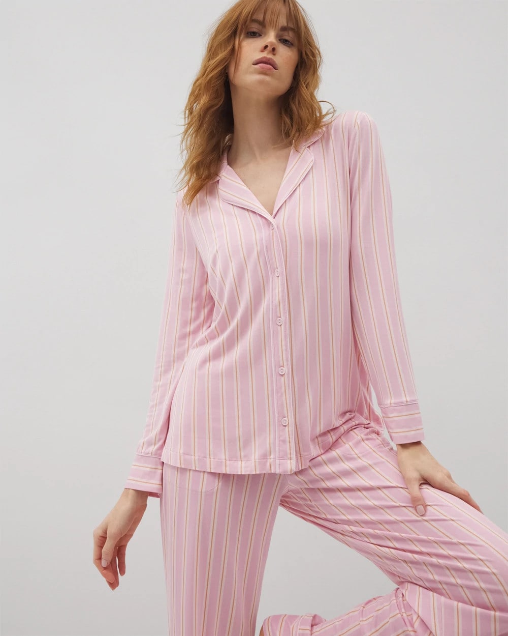 Long-Sleeve Printed Notch Collar Pajama Top - BLISS STRIPE LAVENDER | Soma Women