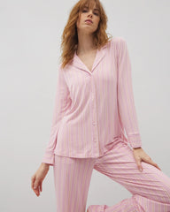 Long-Sleeve Printed Notch Collar Pajama Top - BLISS STRIPE LAVENDER | Soma Women