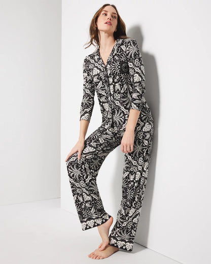 Long-Sleeve Printed Notch Collar Pajama Top - AMAZONIA TILE BLACK | Soma Women