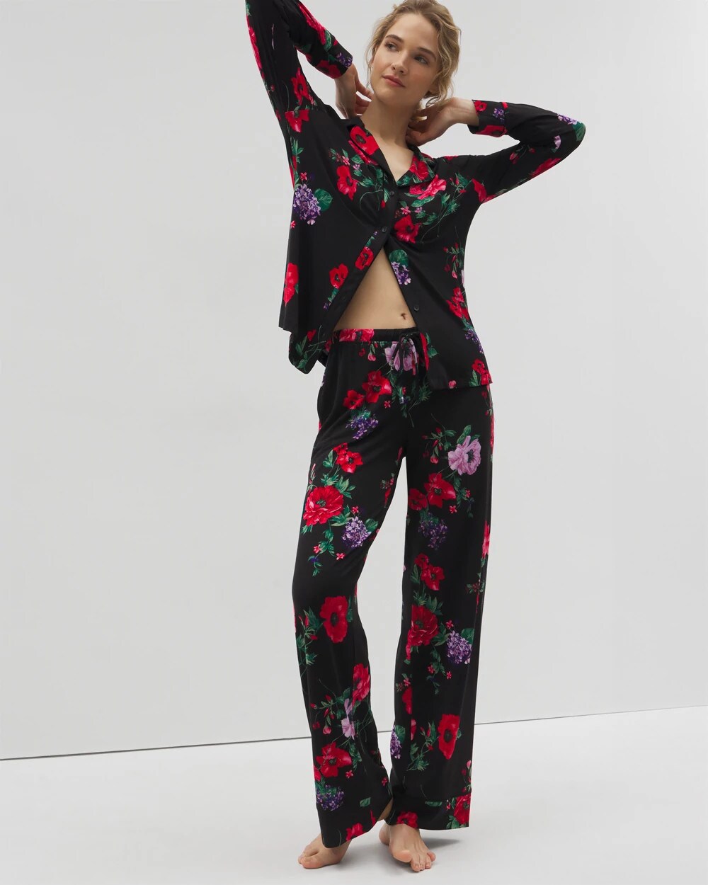 Long-Sleeve Printed Notch Collar Pajama Top - RHAPSODY FLORA BLACK | Soma Women