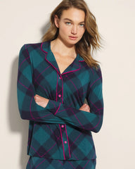 Long-Sleeve Printed Notch Collar Pajama Top - BUNDLE UP PLAID BIAS TEAL | Soma Women