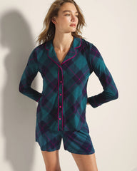 Long-Sleeve Printed Notch Collar Pajama Top - BUNDLE UP PLAID BIAS TEAL | Soma Women