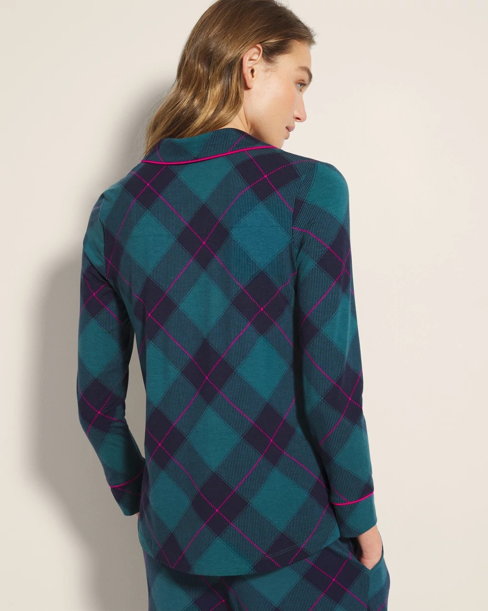 Long-Sleeve Printed Notch Collar Pajama Top - BUNDLE UP PLAID BIAS TEAL | Soma Women