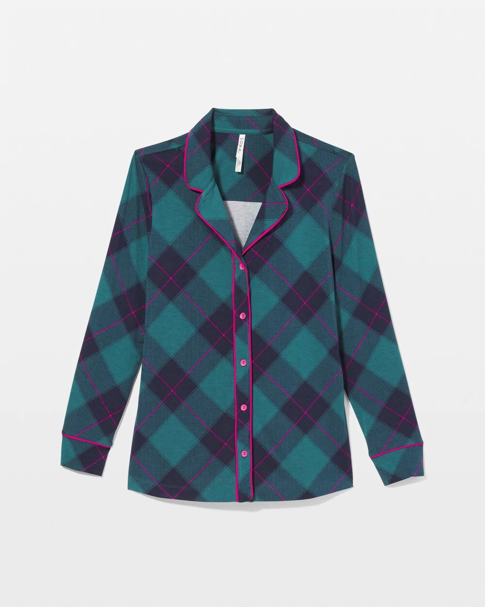 Long-Sleeve Printed Notch Collar Pajama Top - BUNDLE UP PLAID BIAS TEAL | Soma Women
