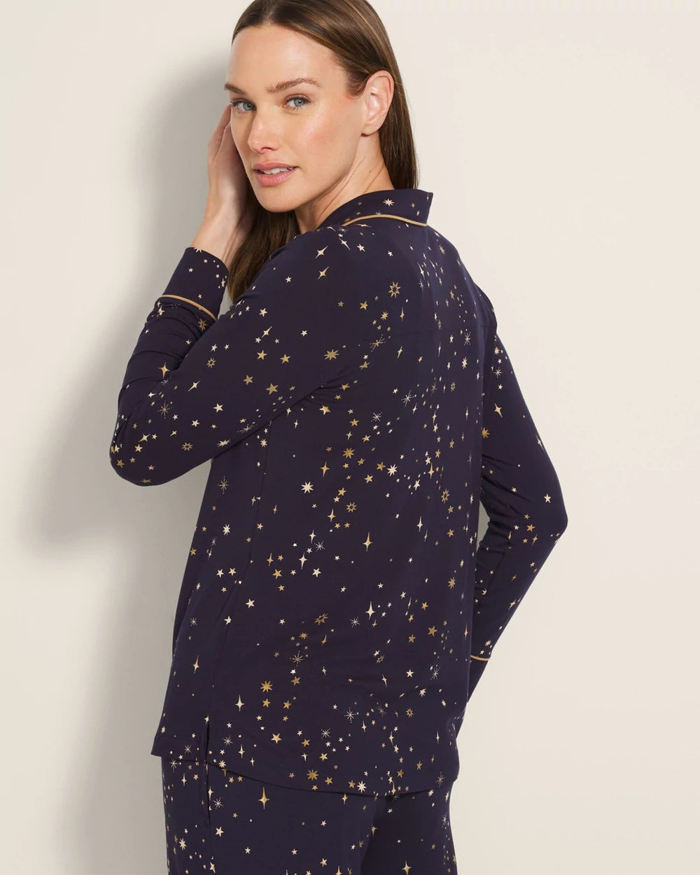 Long-Sleeve Printed Notch Collar Pajama Top - READY TO GLOW NAVY | Soma Women