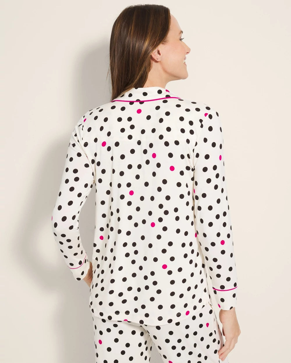 Long-Sleeve Printed Notch Collar Pajama Top - FANCIFUL DOT CHAMPAGNE | Soma Women