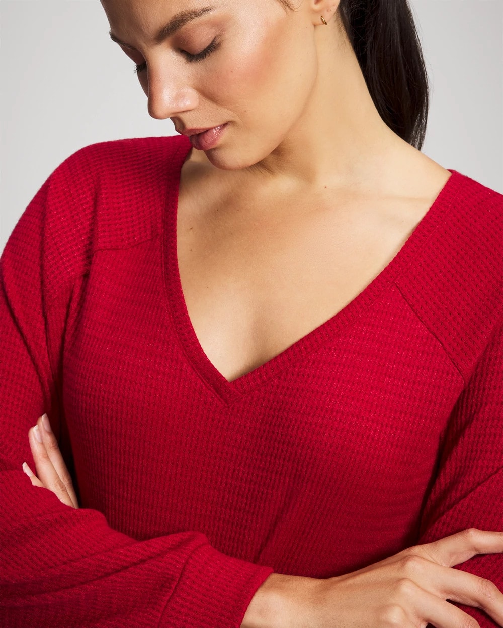 Cozy Waffle Long Sleeve V-Neck Pajama Top - PAINT THE TOWN RED | Soma Women