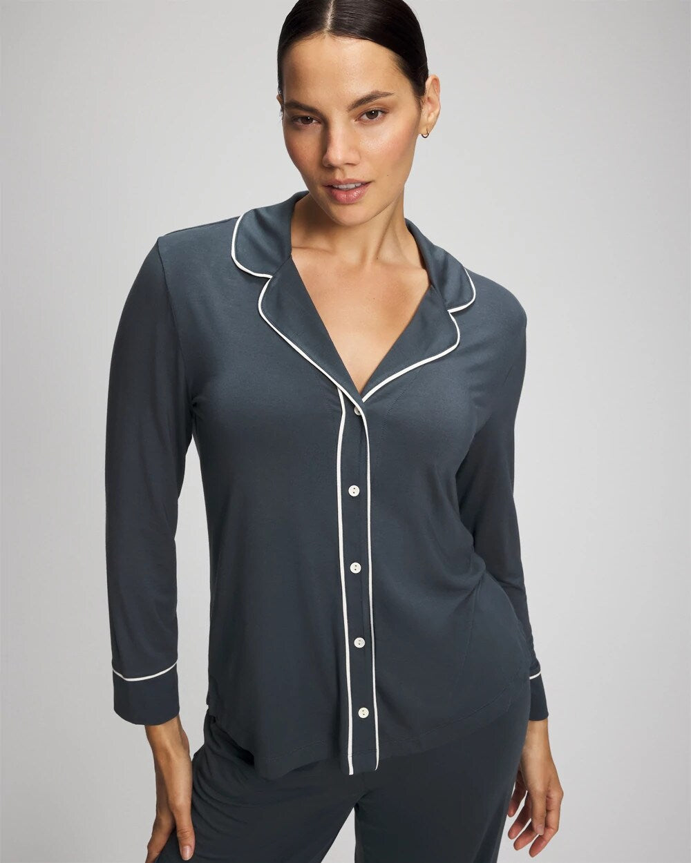 Long-Sleeve Notch Collar Pajama Top - PETROL | Soma Women