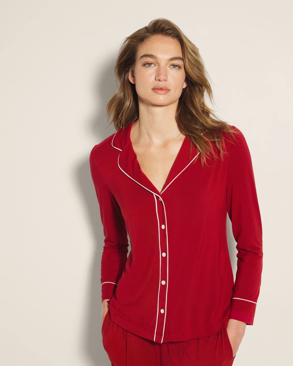 Long-Sleeve Notch Collar Pajama Top - PAINT THE TOWN RED | Soma Women