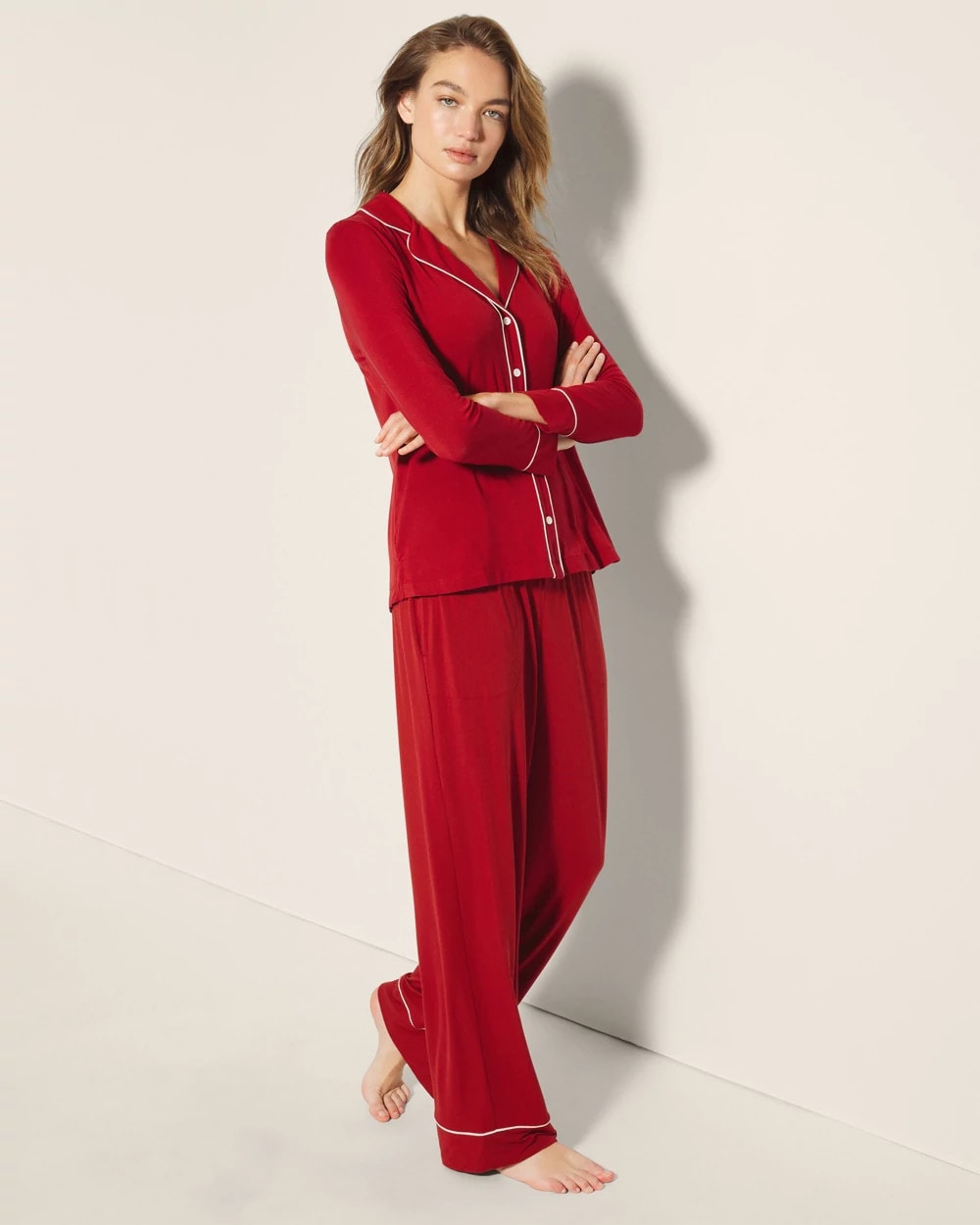 Long-Sleeve Notch Collar Pajama Top - PAINT THE TOWN RED | Soma Women