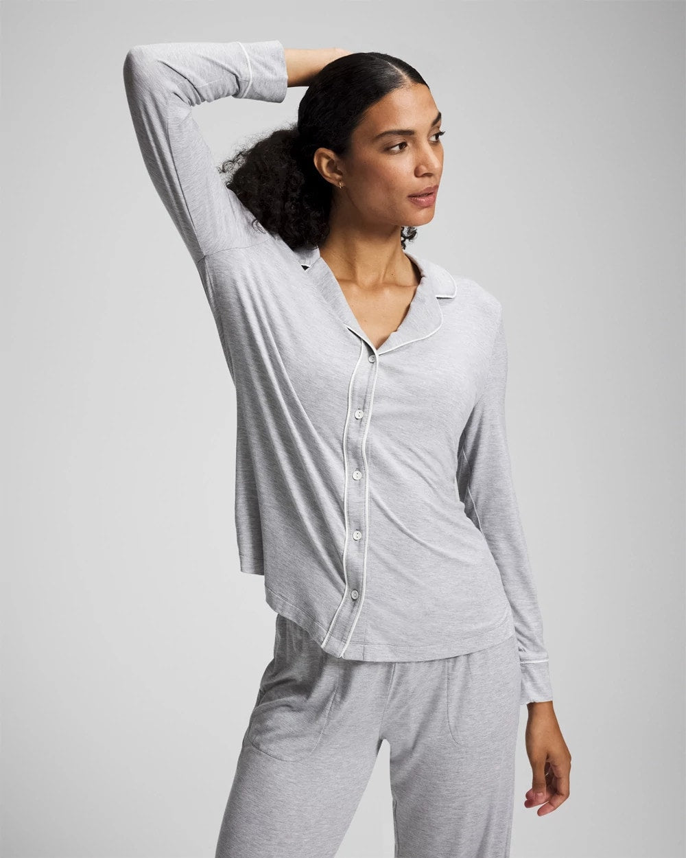 Long-Sleeve Notch Collar Pajama Top - HEATHER OPAL GRAY | Soma Women