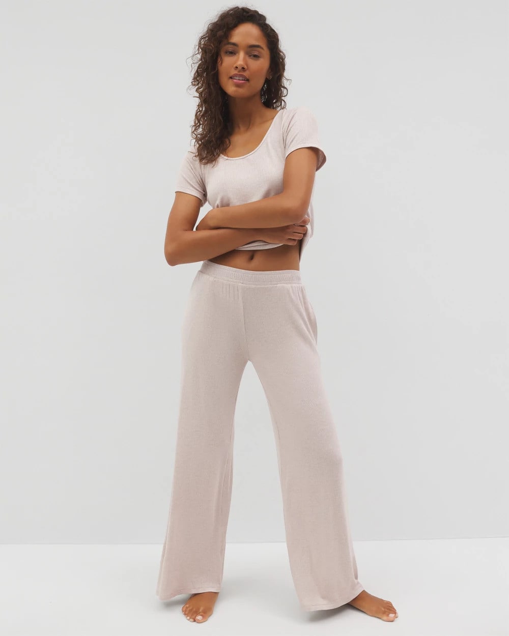 Lightweight Rib Knit Wide Leg Pajama Pants - HEATHER BARELY THERE | Soma Women